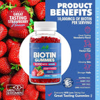 Biotin 10,000mcg Gummies for Hair Growth, Skin & Nails - 2x Maximum Strength Biotin Vitamins for Women & Men - Gluten-Free, Vegan, Non-GMO, Great Tasting Strawberry Flavor - 60 Gummies (1 Month)