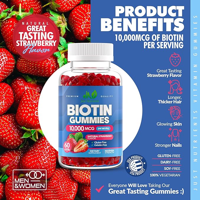 Biotin 10,000mcg Gummies for Hair Growth, Skin & Nails - 2x Maximum Strength Biotin Vitamins for Women & Men - Gluten-Free, Vegan, Non-GMO, Great Tasting Strawberry Flavor - 60 Gummies (1 Month)