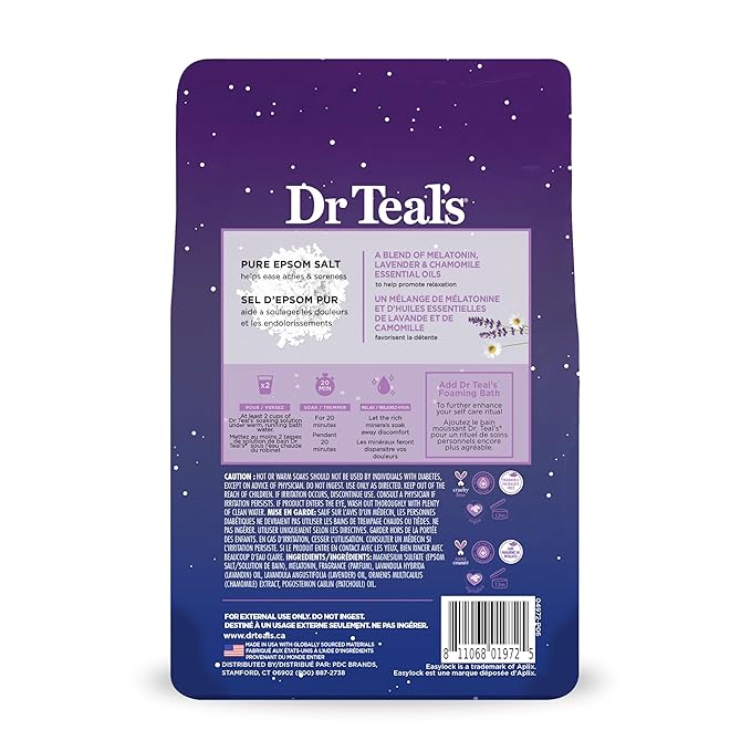 Dr Teal's Pure Epsom Salt Soak, Sleep Blend with Melatonin, Lavender & Chamomile Essential Oils, 3 lbs