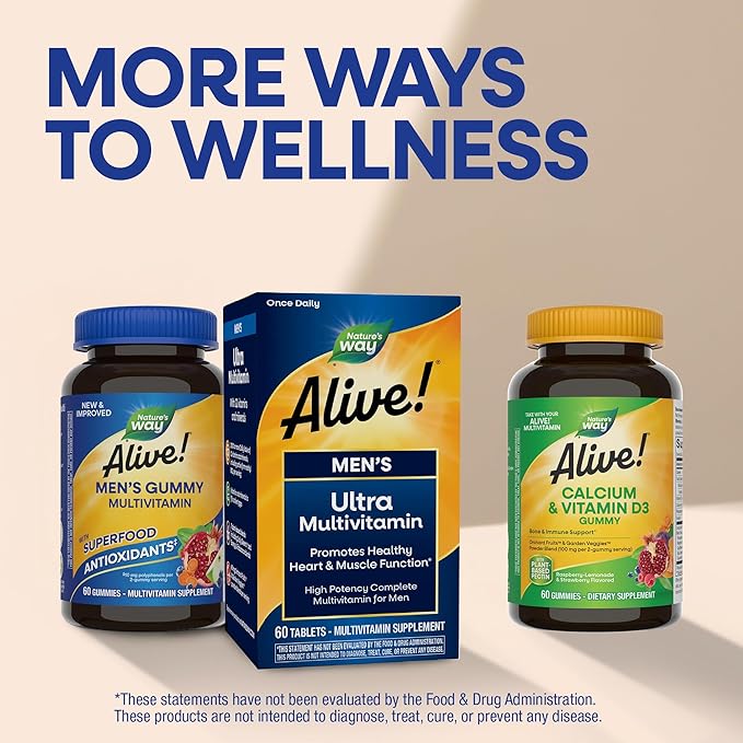 Nature’s Way Alive! Men’s Multivitamin Gummies, Daily Gummy Vitamin for Men, Supports Cellular Energy Metabolism, Immune Health, Muscle Function*, With Vitamins A, C, D3, Zinc, Vegetarian, 60 Count