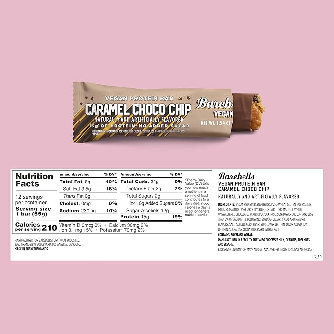 Barebells Vegan Protein Bars Caramel Choco Chip, Plant Based with High Protein - Chocolate Protein Bars - Perfect on The Go Protein Snack & Breakfast Bars 12 Count (Pack of 1)
