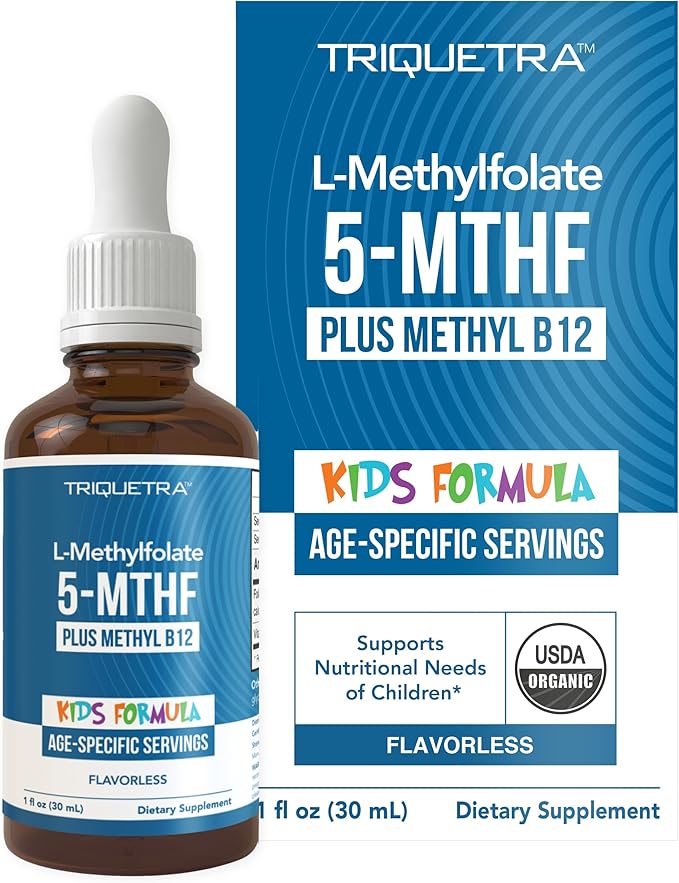 Organic Kids Methylfolate + Methyl B12 Cofactor - Flavorless, Sublingual Form - 5-MTHF Form, Superior Form of Folate - Adjustable Dosing for All Ages - Mood, Behavior, Cognition - 1 oz.