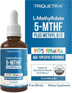 Organic Kids Methylfolate + Methyl B12 Cofactor - Flavorless, Sublingual Form - 5-MTHF Form, Superior Form of Folate - Adjustable Dosing for All Ages - Mood, Behavior, Cognition - 1 oz.