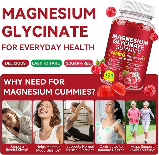 120 Count Magnesium Glycinate Gummies 600mg for Adults, Supports Relaxation, Magnesium Glycinate Chewable, Non-GMO, Sugar Free