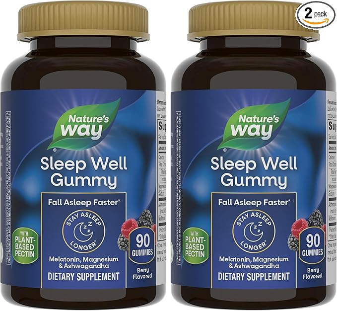 Nature's Way Sleep Well Melatonin and Magnesium Gummies,Sleep Support for Adults*,with Ashwagandha,Berry Flavored,90 Gummies,(Pack of 2)