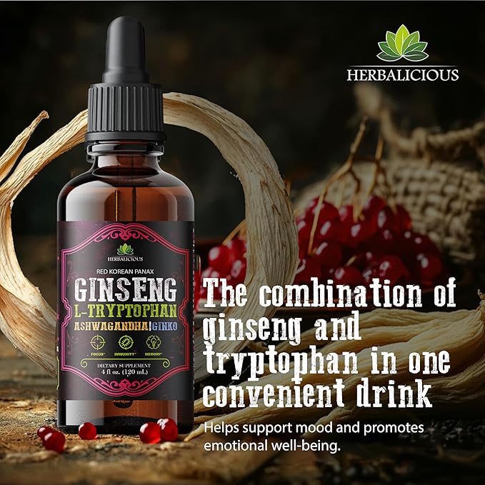 Red Korean Panax Ginseng Liquid Drops with L-Tryptophan, Ashwagandha & Ginkgo – Herbal Adaptogen Blend for Daily Wellness – Alcohol Free Liquid Supplement – 4 fl oz (120 mL)