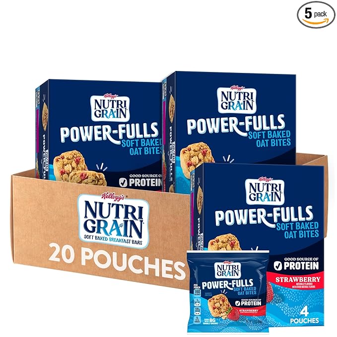 Nutri-Grain Power-Fulls Soft Baked Oat Bites, Protein Snacks, Whole Grain, Strawberry (5 Boxes, 20 Pouches)