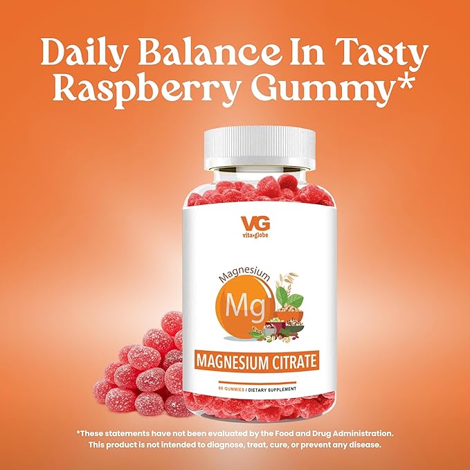 VITA GLOBE Magnesium Citrate Gummies 70mg, Relaxation, Muscle Recovery & Sleep Support, Magnesium Supplement, High Absorption, Vegan, Non-GMO, Bone & Energy, 2 Pack, 120 Count