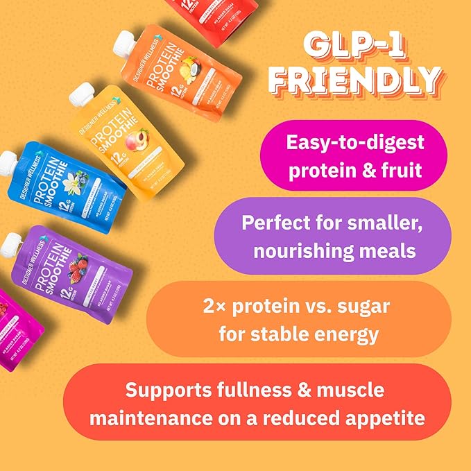 Designer Wellness Protein Smoothie, Real Fruit, 12g Protein, Low Carb, Zero Added Sugar, Gluten-Free, Non-GMO, No Artificial Colors or Flavors, Super Fruits Variety Pack, 12 Count