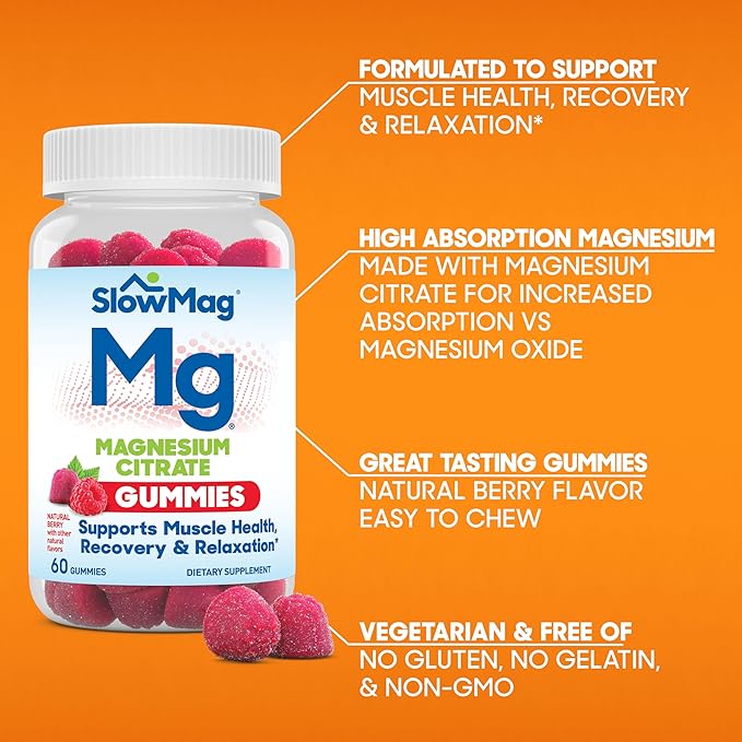 SlowMag Magnesium Citrate Gummies, 60 Count, Supports Muscle Health, Natural Berry Flavor, Recovery & Relaxation Pack of 2