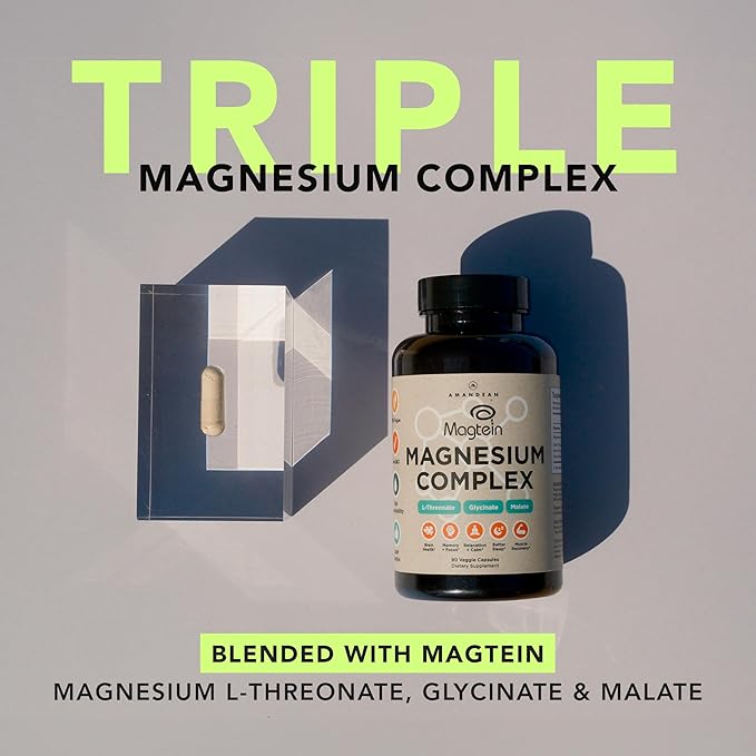 AMANDEAN Magtein Magnesium Complex. L-Threonate, Glycinate, Malate Triple Blend Chelated Magnesium Supplement. 90 Veggie Capsules. High Absorption Branded Ingredients. Brain Health, Sleep, Calm*.