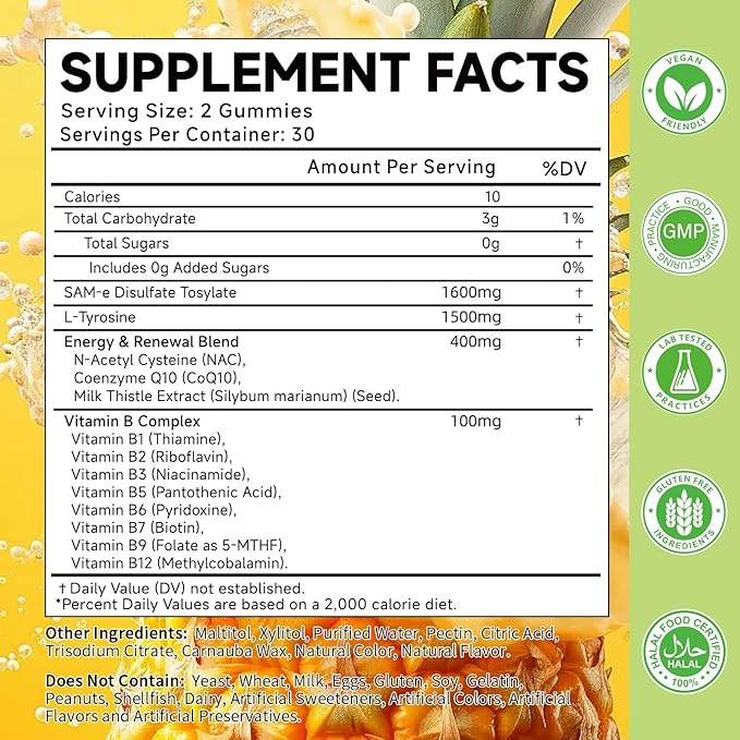 SAM-e L-Tyrosine Gummies with NAC, CoQ10 & Vitamin B Complex, 1600mg SAM-e, 1500mg L-Tyrosine Supplement for Energy, Cellular Antioxidant Support, Emotional Well-Being Support, 60 Count