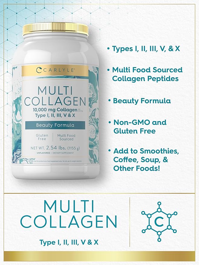 Carlyle Multi Collagen Peptides Powder 40 oz | Type I, II, III, V, X | Supplement Blend with Protein | Multi Food Sourced | Non-GMO, Gluten Free