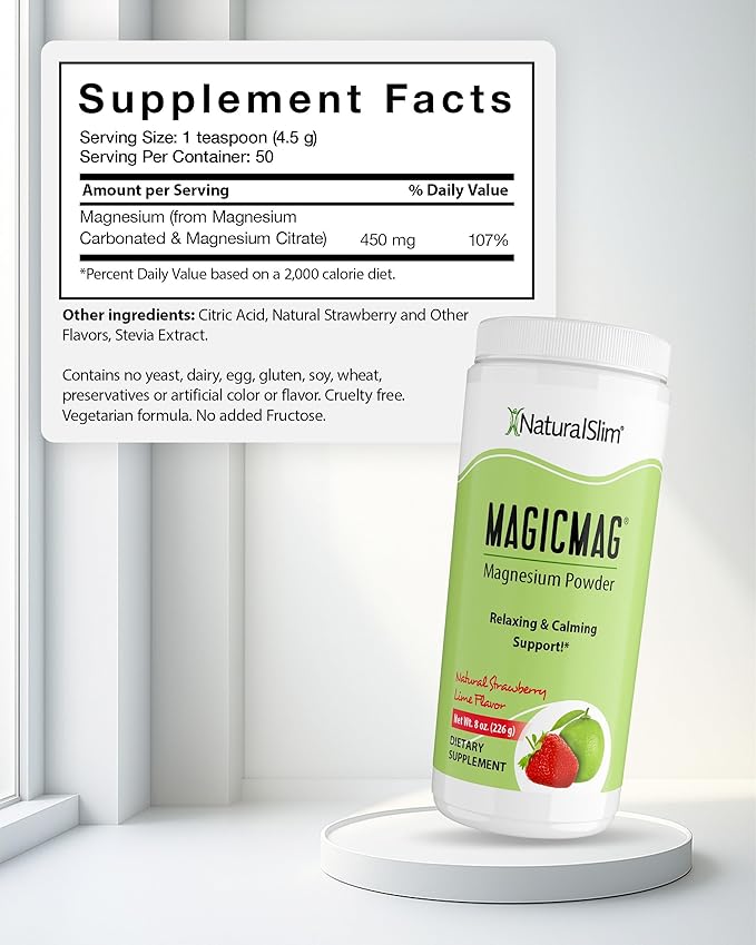 NaturalSlim Magicmag Pure Magnesium Citrate Powder – Stress, Constipation, Muscle, and Heart Support | Natural Strawberry & Lime Flavored Magnesium Supplement - 8oz Drink Mix (2 Pack)