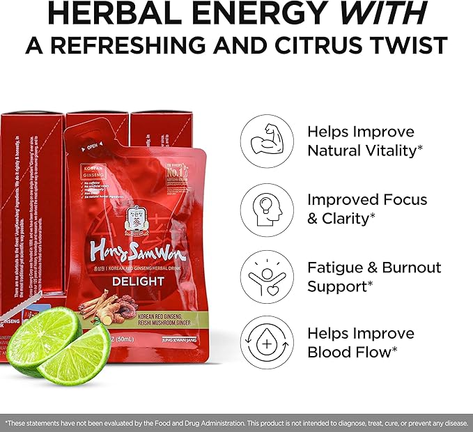 JUNG KWAN JANG Hong Sam Won Delight - Korean Red Ginseng Tea Herbal Energy Drink with Lime, Jujube, Ginger, 3 Vitamins & 9 Amino Acids - No Caffeine, No Calories, No Sugar (30 Pouches, 1.69 fl oz)