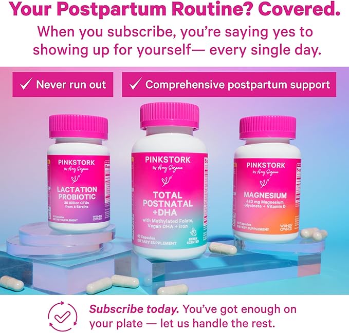 Pink Stork Total Postnatal Vitamins for Women | Vegan DHA, Iron, Folate, B12 | Postpartum Recovery Essentials | Lactation Support for Breastfeeding Moms | Third-Party Tested - 60 Capsules, Berry