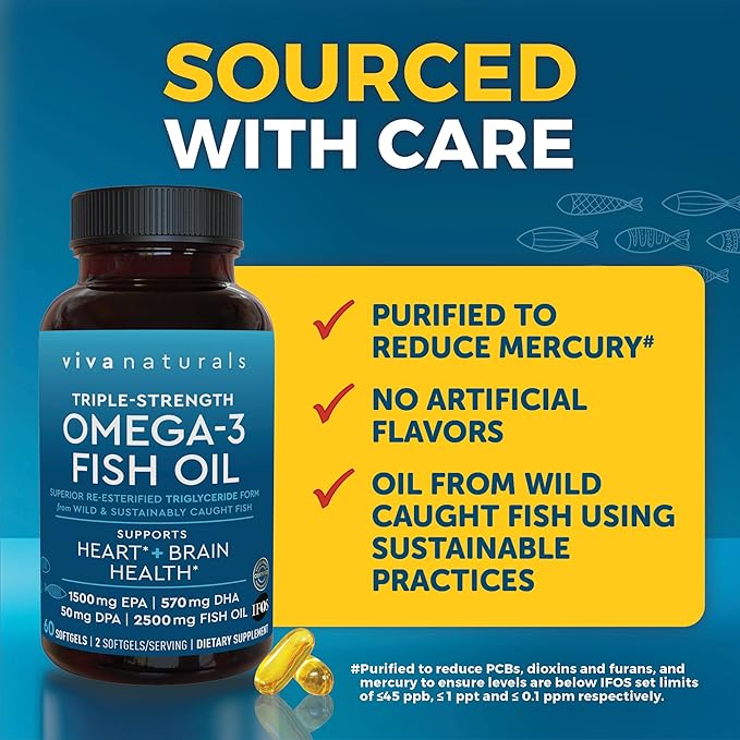Viva Naturals Omega-3 Fish Oil, Triple Strength, 2500 mg, 60 Softgels – Re-Esterified Omega 3 Fatty Acids Including EPA, DHA, DPA - Pascatarian-Friendly