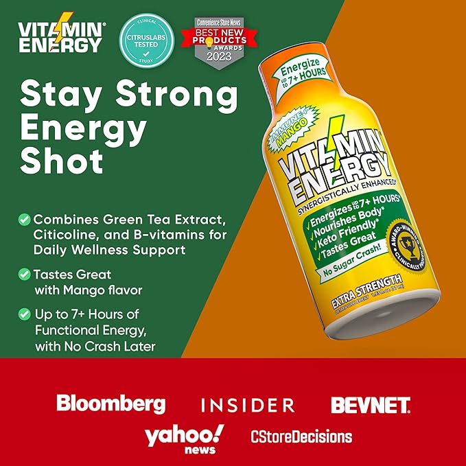 Vitamin Energy Immune+ Extra Strength Energy Shot Mango 10 Pack, 260mg Natural Caffeine, B-Vitamins, Citicoline, Green Tea, Immunity & Focus Support, Zero Sugar, Gluten-Free 1.93 fl oz