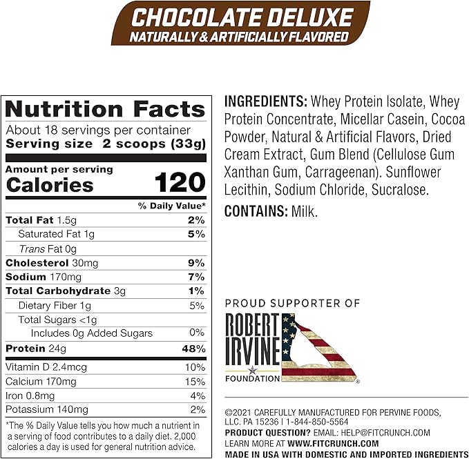 FITCRUNCH Tri-Blend Whey Protein, Keto Friendly, Low Calories, High Protein, Gluten Free, Soy Free (18 Servings, Chocolate Deluxe)