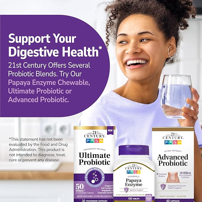 21st Century Papaya Enzyme Chewable (100 Count), Papaya & Pineapple Digestive Enzymes for Gut Health, Tropical Flavor, Non-GMO, Gluten-Free, No Added Salt, Artificial Flavors
