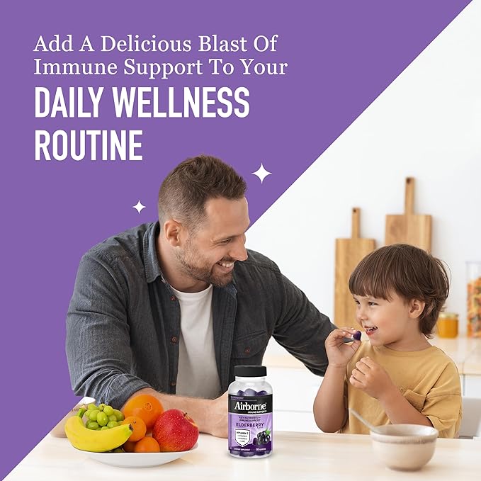 Airborne Elderberry + Zinc & Vitamin C Gummies for Adults,Immune Support with Antioxidants Vitamins C,D & E,Elderberry Flavor,130 Count (Pack of 2)