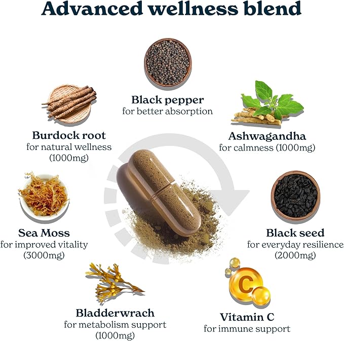 3000mg Iris Sea Moss, 2000mg Black Seed Oil, 1000mg Ashwagandha, 1000mg Burdrock Root, 1000 mg Bladderwrack with Black Pepper & Vitamin C | Vitality & Energy Support | All-in-one supplement | 120 Caps