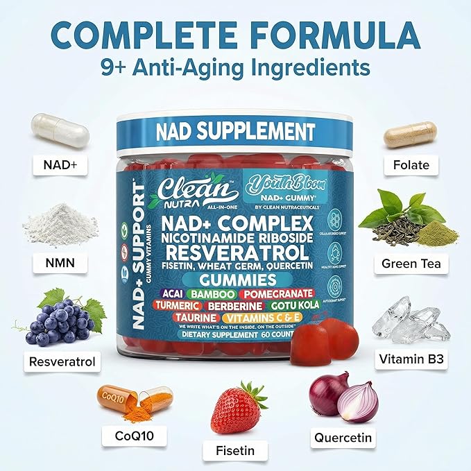 Youth Bloom NAD+ Supplement Gummies Resveratrol Fisetin Wheat Germ Berberine Taurine Turmeric Collagen Astaxanthin Nicotinamide Gotu Kola Pomegranate Vitamin C & E 60 Ct by Clean Nutra