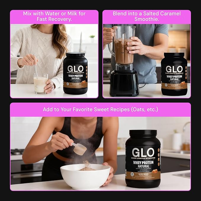 GLO Health Foods Cold-Processed Whey Protein - Salted Caramel Flavor - 24g Protein per Serving - Whey with Digestive Enzymes & BCAAs - Supports Muscle Growth, Strength & Recovery - 2 LB (28 Servings)