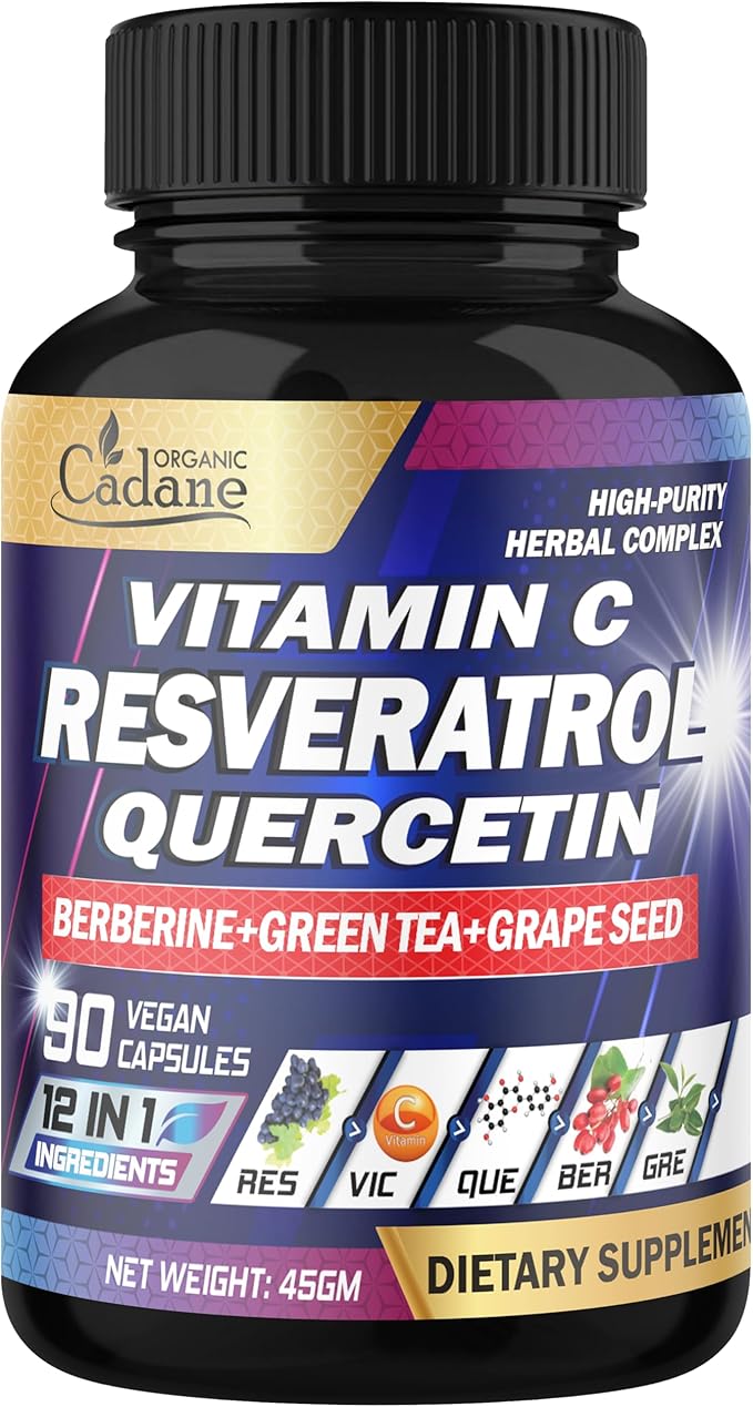 Organic Cadane Resveratrol Supplement - 12in1 Blended with VIT.C, Quercetin, Berberine, Turmeric, Green Tea & More - 90 Capsules 3 Month