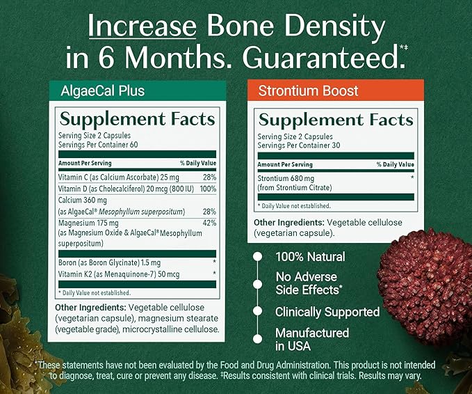 ALGAECAL Bone Builder Pack - Plant Based Calcium Supplement & Strontium - Organic Calcium 750mg with Vitamin D3 1600 IU, Vitamin K2, Magnesium, 16 Nutrients for Bone Health & Density (3-Month Supply)