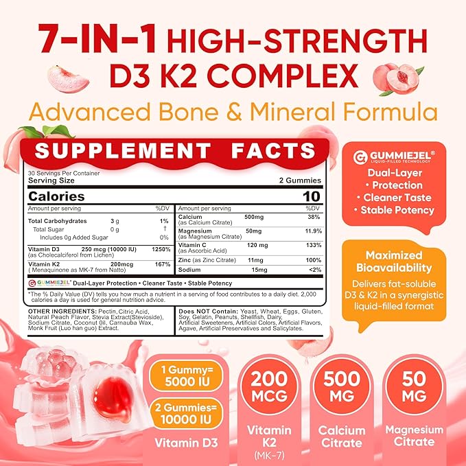 Vitamin D3 K2 Gummies 5000IU / 10,000 IU with 500mg Calcium + K2(MK-7) 200mcg, Magnesium, Vitamin C & Zinc, Extra Strength - Ultimate Absorbency for Bones, Muscles, Teeth, Vegan, 60 Count (Pack of 1)