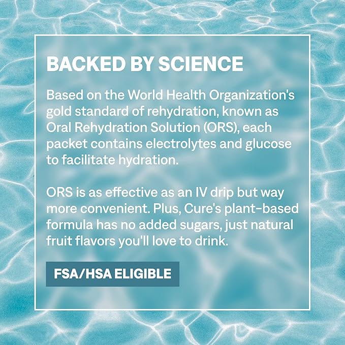 Cure Hydration | Plant-Based Electrolyte Drink Mix | No Added Sugar | FSA-HSA | Dehydration Relief Powder Made with Coconut Water | Non-GMO | Vegan | Pouch of 14 Packets - Lemonade