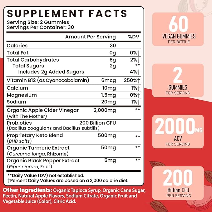 Apple Cider Vinegar Gummies, Max Strength 2000mg ACV Gummy with Probiotics, B12 and Keto Support, For Digestion, Metabolism, Detox, Gut & Immune Health, Gelatin-Free, Non-GMO, 120 keto acv gummies
