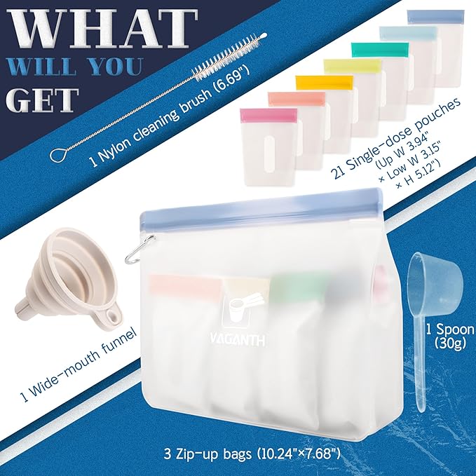 Protein Powder Travel Container Set,Reusable Powder Supplement Container To Go,21Pcs Single Dose Bags & 3Pcs Large Zip Bags,Portable Travel Containers with Funnel,Spoon