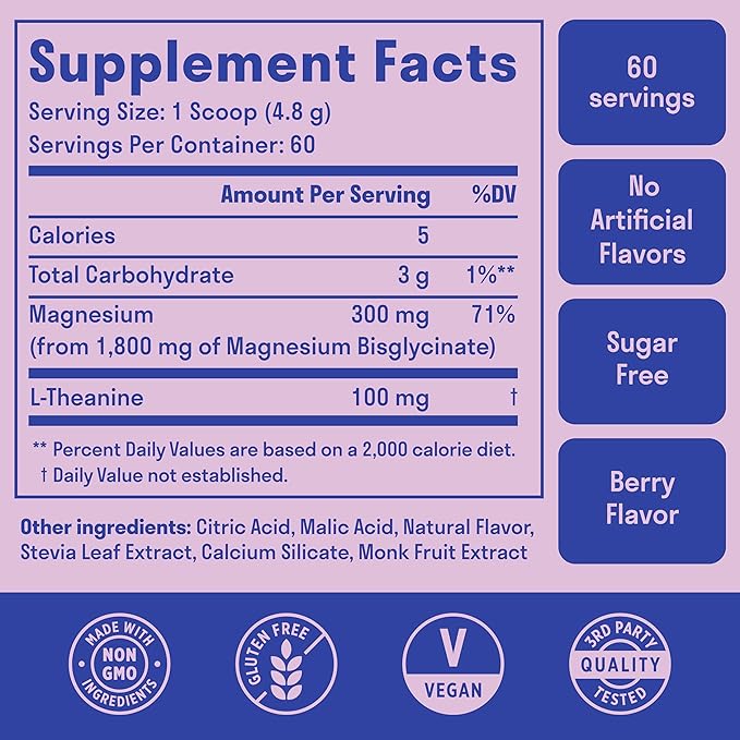 Magnesium Glycinate Powder + L-Theanine | 60 Servings | 300 mg per Scoop High Absorption Chelated Magnesium Powder for Sleep - Natural Mixed Berry Flavor, No Sugar, Support Restful Sleep & Relaxation