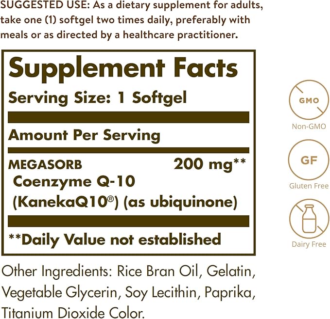 Solgar Megasorb CoQ-10 200 mg, 60 Softgels - Supports Heart & Brain Function - Coenzyme Q10 Supplement - Enhanced Absorption - Gluten Free, Dairy Free - 60 Servings