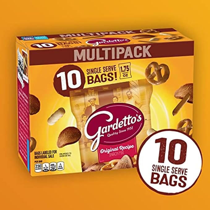 Gardetto's Original Recipe Snack Mix, Crunchy Breadsticks, Pretzels & Roasted Rye Chips, Kosher Snacks Multipack, 10 Single-Serve Bags, Individually Wrapped Party & Family Pack, 17.5 oz Bulk Box