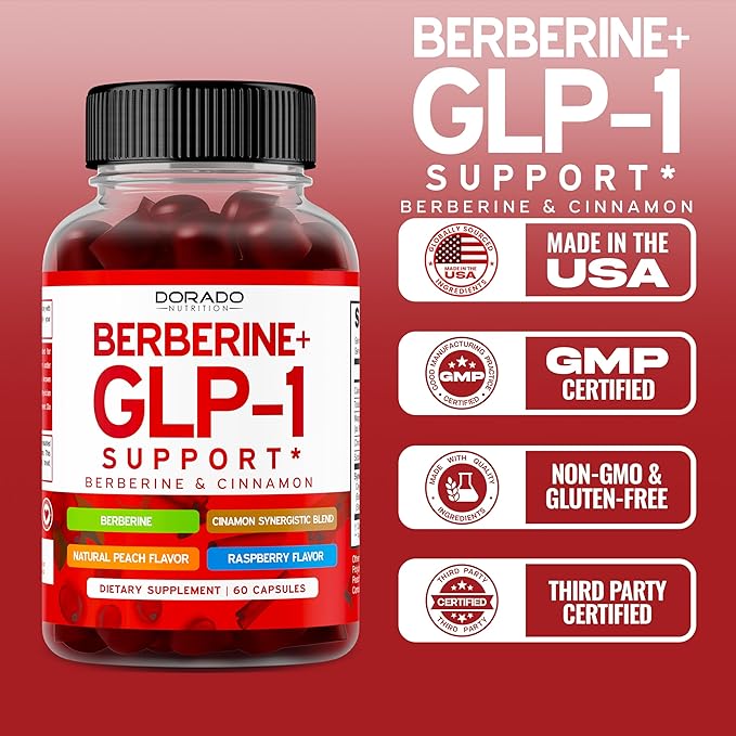 GLP-1 Gummies (GLP1 Supplement with Berberine & Ceylon Cinnanom) GLP Gummies for Support Gut Health - Delicious Peach & Raspberry Flavor - Third Party Tested, Vegan & USA Made - 60 Count