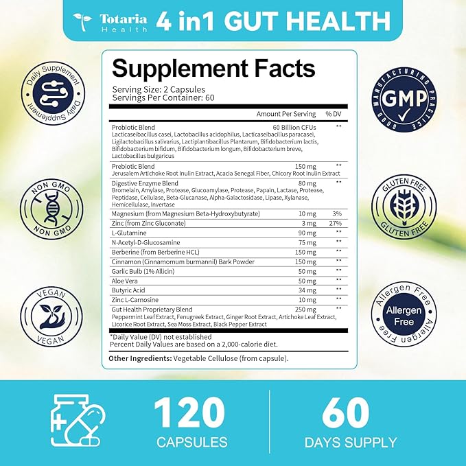 Totaria 14-in-1 Gut Health Supplement with Probiotics, Prebiotics, Postbiotics & Digestive Enzymes for Women & Men, 60 Billion CFU Probiotics for Gut and Digestion, Strong Immunity, Skin (2 Pack)
