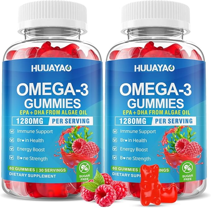 Vegan Omega-3 Gummies 1028mg, Omega 3 Fish Oil Alternative for Adults w/EPA 400mg & DHA 600mg & Vitamin A, C, E Supports Brain, Eye & Immune Health, Sugar Free, Raspberry Flavor, 120 Count