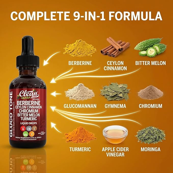 Clean Nutra Berberine with Ceylon Cinnamon Supplement Liquid Drops + Bitter Melon Extract, Glucomannan, Gymnema, Chromium, Turmeric, Organic Panax Ginseng, Moringa GLP-1 Support