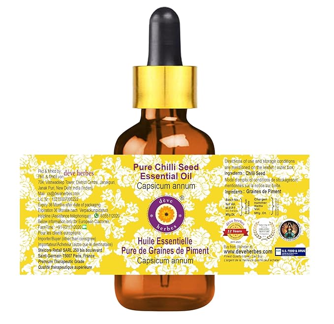 Deve Herbes Pure Chilli Seed Essential Oil (Capsicum annum) with Glass Dropper Steam Distilled (Pack of Two) 100ml X 2 (6.76 oz)