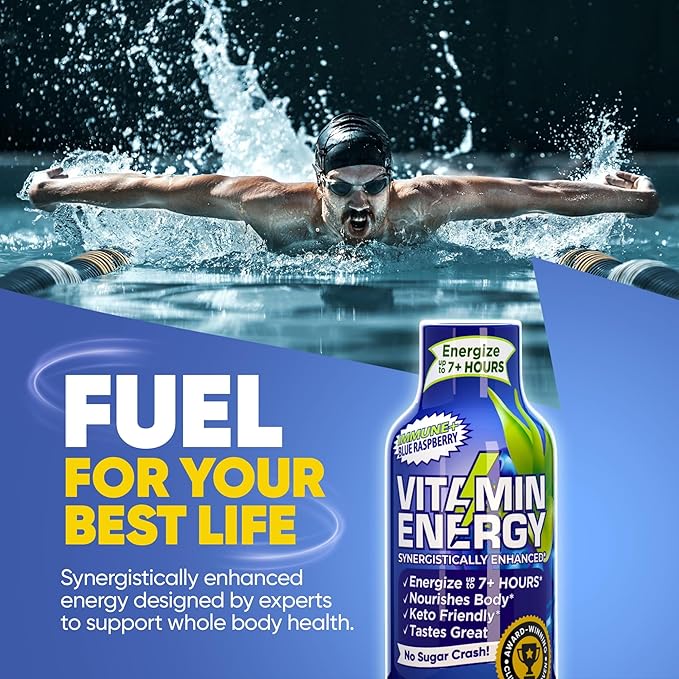 Vitamin Energy Immune+ Extra Strength Energy Shot Blue Raspberry 24 Pack, 260mg Natural Caffeine, B-Vitamins, Citicoline, Green Tea, Immunity & Focus Support, Zero Sugar, Gluten-Free 1.93 fl oz