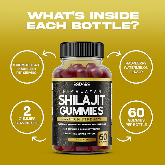 Shilajit Gummies For Men & Women (High Potency Gold Grade with 85+ Trace Minerals with Fulvic Acid) - Energy & Immunity Support - Third Party Tested, Non GMO, Vegan & Made in USA - (60 Gummies)