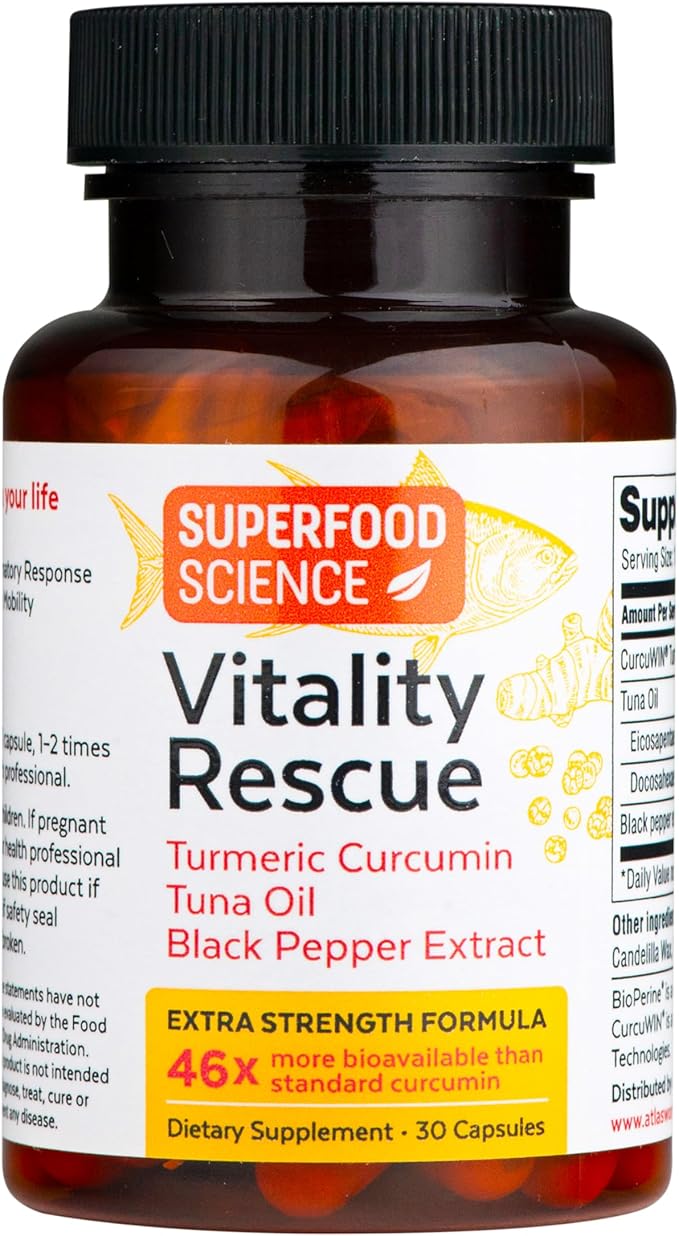 Vitality Rescue Omega 3 with Turmeric Curcumin Supplement, Fish Oil DHA EPA with BioPerine & CurcuWin 46X Absorption, Supports Joint, Muscle, Heart & Brain Health, 30 Capsules