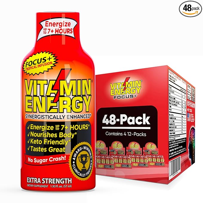 Vitamin Energy Focus+ Extra Strength Energy Shot Tropical Infusion 48 Pack, 260mg Natural Caffeine, B-Vitamins, CoQ10, Amino Acids, Focus, Productivity & Clarity, Zero Sugar, Gluten-Free, 1.93 fl oz