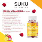 SUKU Vitamins Vegan D3 + K2 + B12 Sugar-Free & Sugar-Alcohol-Free Keto 2000IU Vitamin D Gummy Supplement for Healthy Bones, Immune Function, Healthy Metabolism, Lemon Dragon Fruit Flavor (50 Gummies)