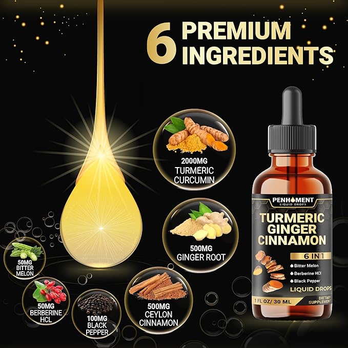 6in1 Liquid Turmeric Ceylon Cinnamon Berberine Ginger Bitter Melon & Black Pepper – Turmeric Supplement Drops – 1 FL OZ – 60 Servings