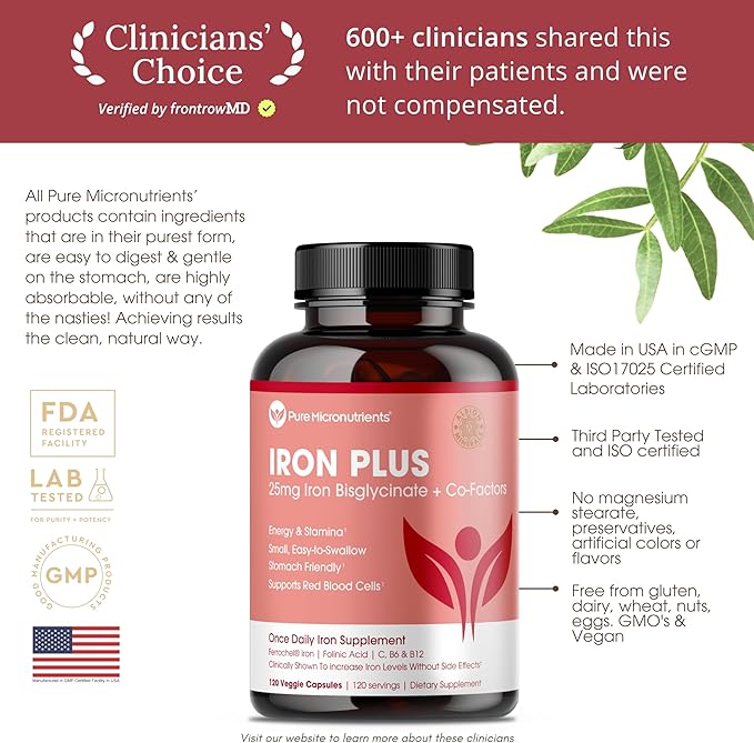 Iron Supplement for Women - Gentle Chelate Iron Bisglycinate 25mg with Vitamin C, B6, B12 Folic Acid – Supports Iron Deficiency, Menstrual Health & Energy - 120 Count