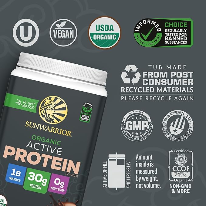 Sunwarrior Organic Plant Based Protein Powder | Vegan Organic Protein Powder with BCAA Amino Acids Plus Recovery Minerals & Botanicals | Non-GMO Soy Dairy & Gluten Free (Chocolate, 20 Servings)